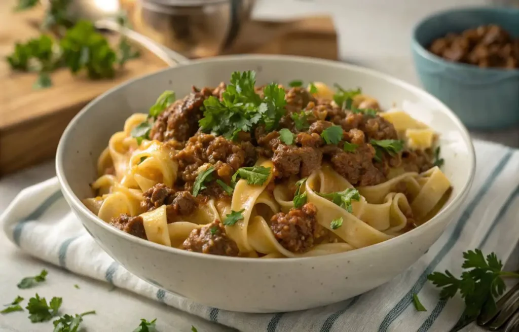 Ground beef and noodles recipe plated for dinner