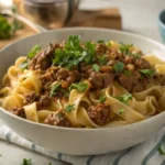 Ground beef and noodles recipe plated for dinner