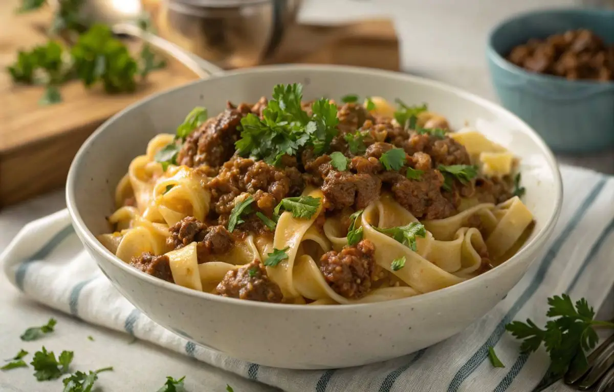 Ground beef and noodles recipe plated for dinner