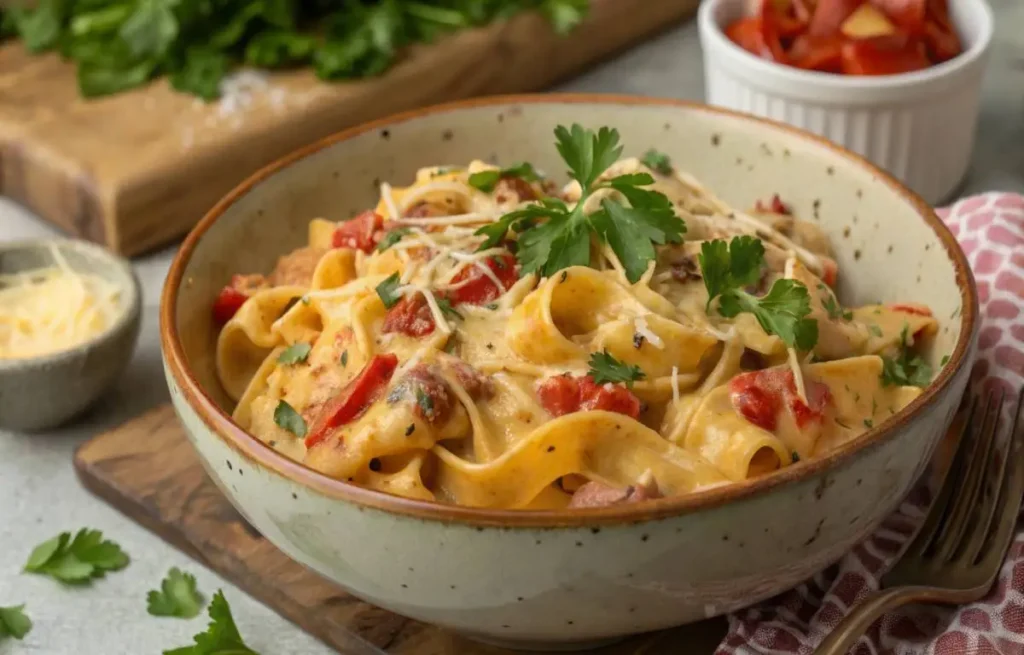 Rotel pasta recipe served hot in a ceramic bowl
