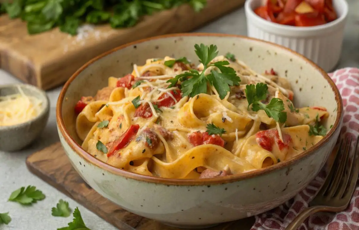 Rotel pasta recipe served hot in a ceramic bowl