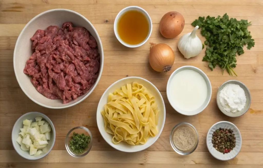 Ingredients for ground beef and noodles recipe
