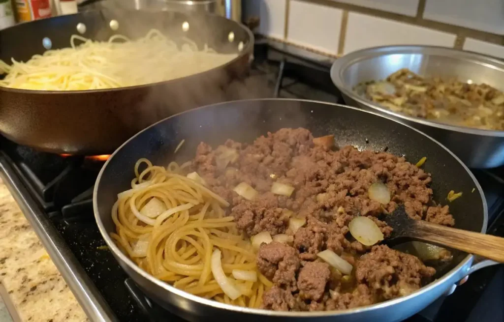 Step-by-step ground beef and noodles recipe in progress