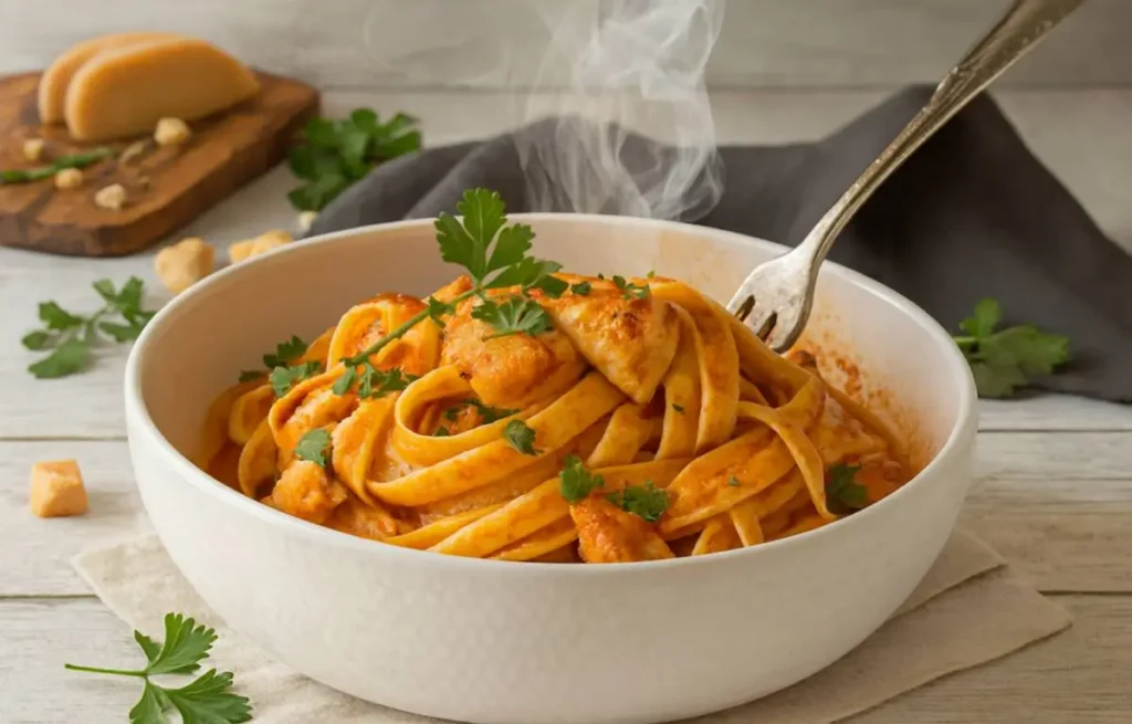 creamy crockpot chicken pasta served in a white bowl with parsley garnish