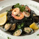 Squid ink seafood pasta with shrimp, scallops, and clams garnished with parsley and lemon