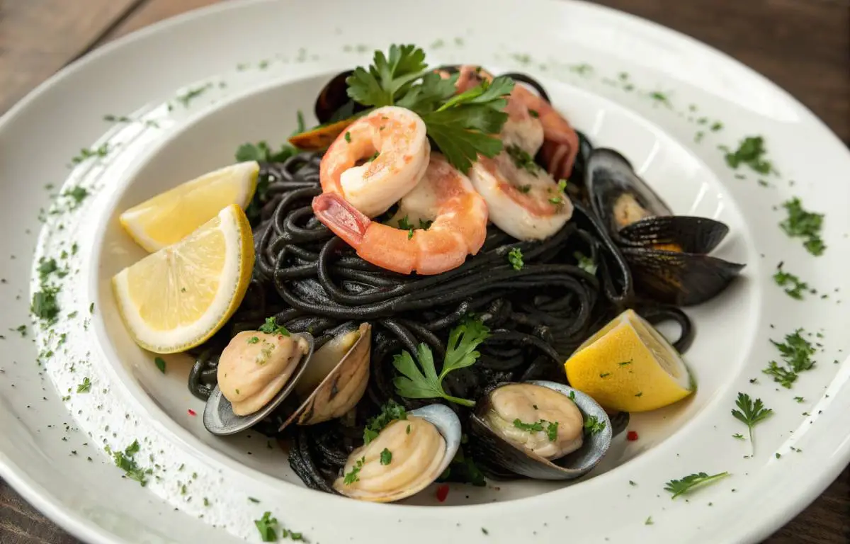Squid ink seafood pasta with shrimp, scallops, and clams garnished with parsley and lemon