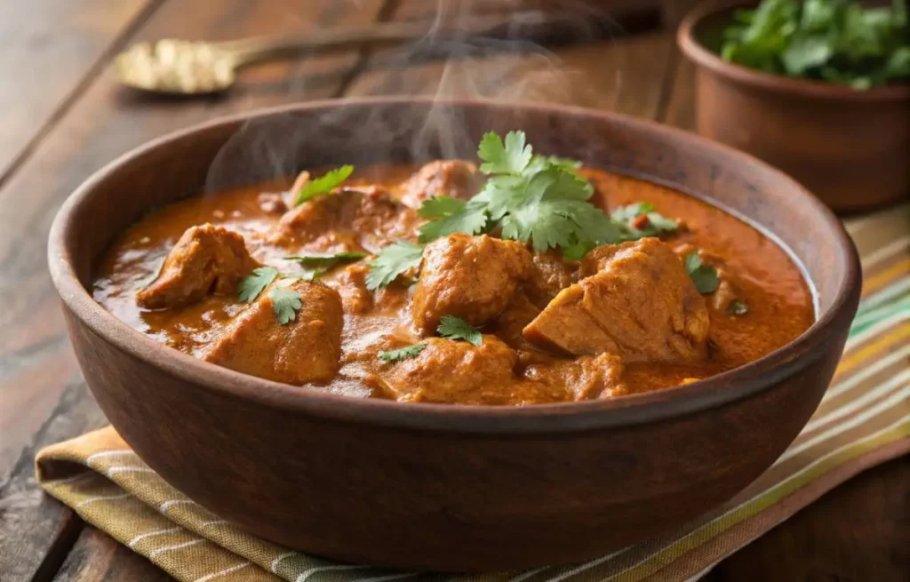 A vibrant bowl of chicken masaledar recipe with rich spicy gravy, garnished with fresh coriander leaves