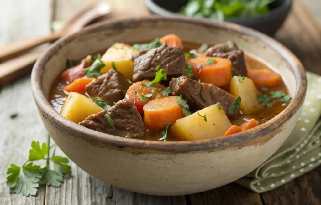 Hawaiian beef stew recipe with tender beef, carrots, potatoes, and pineapple chunks in a rustic bowl