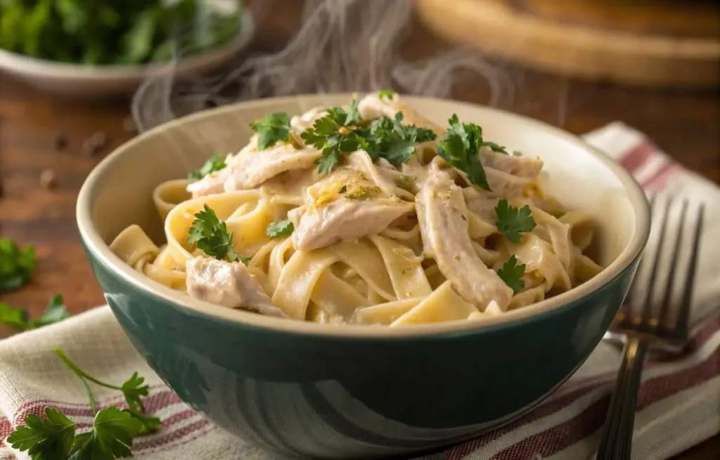 creamy crockpot chicken pasta served in a white bowl with parsley garnish