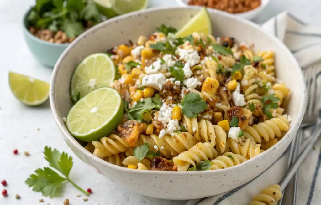 Elote pasta salad served in a large bowl