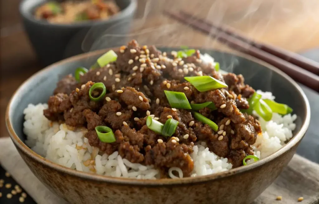 Mongolian ground beef final dish with rice