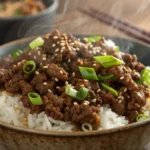 Mongolian ground beef final dish with rice