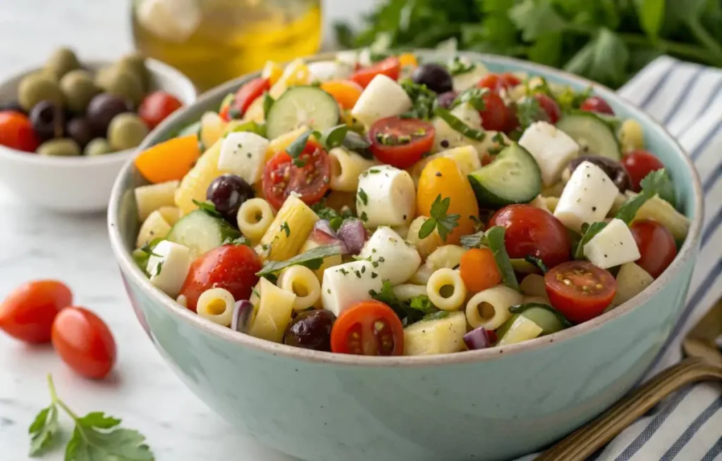 Ditalini pasta salad in a colorful bowl with vegetables and herbs