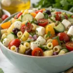 Ditalini pasta salad in a colorful bowl with vegetables and herbs
