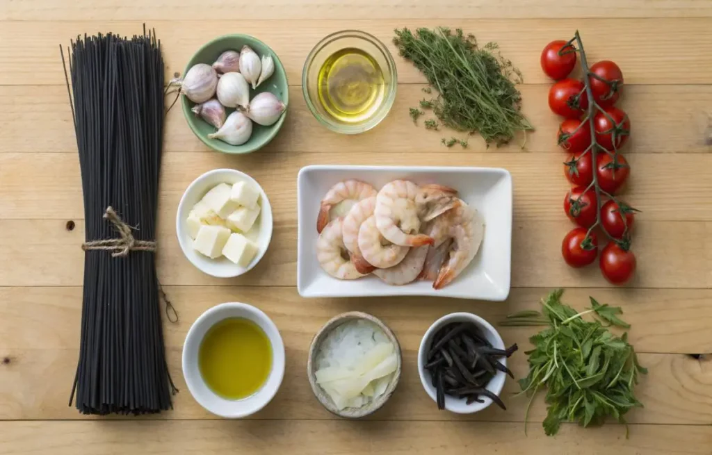 Ingredients for squid ink seafood pasta including squid ink pasta, shrimp, scallops, clams, garlic, cherry tomatoes, white wine, and parsley