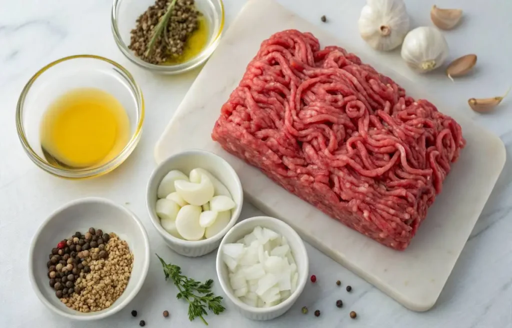Wagyu ground beef recipe ingredients on kitchen counter
