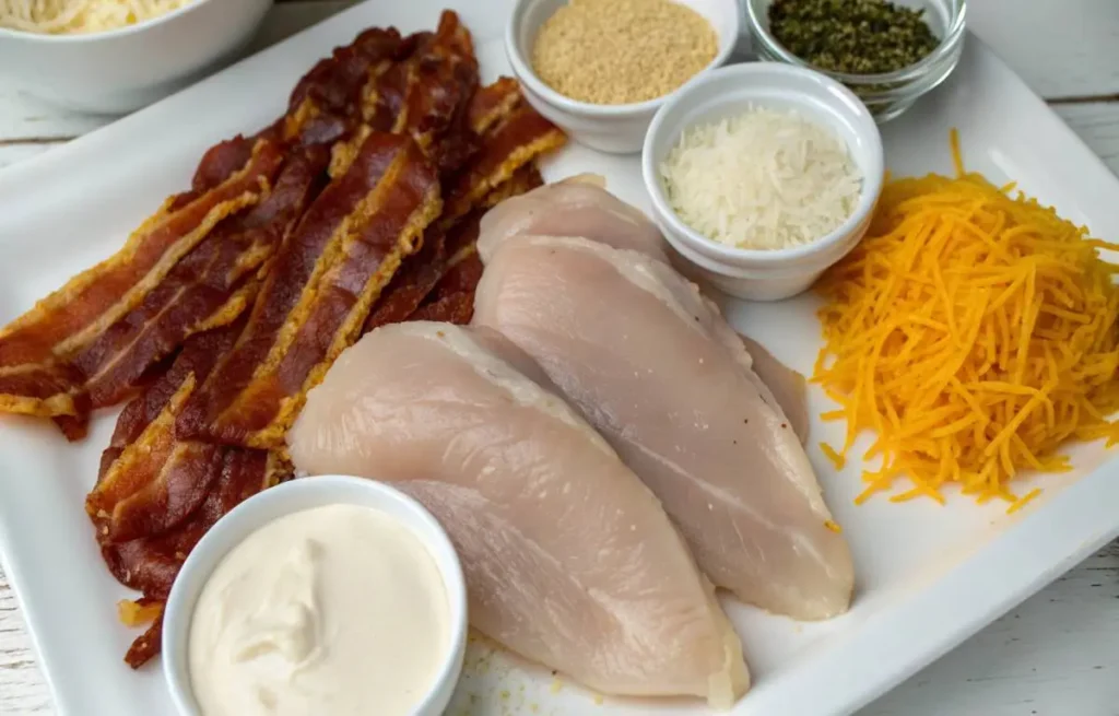 Ingredients for Chicken Bacon Ranch recipe displayed on a kitchen counter