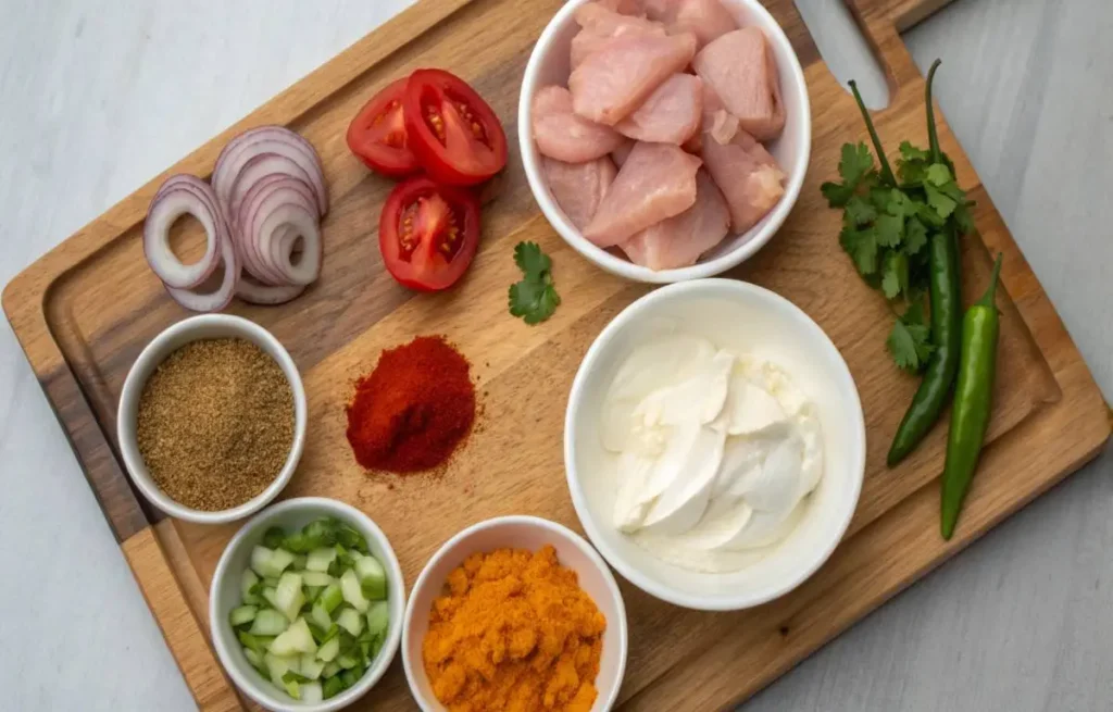 Fresh ingredients laid out for chicken masaledar recipe including spices, chicken, tomatoes, onions, and yogurt