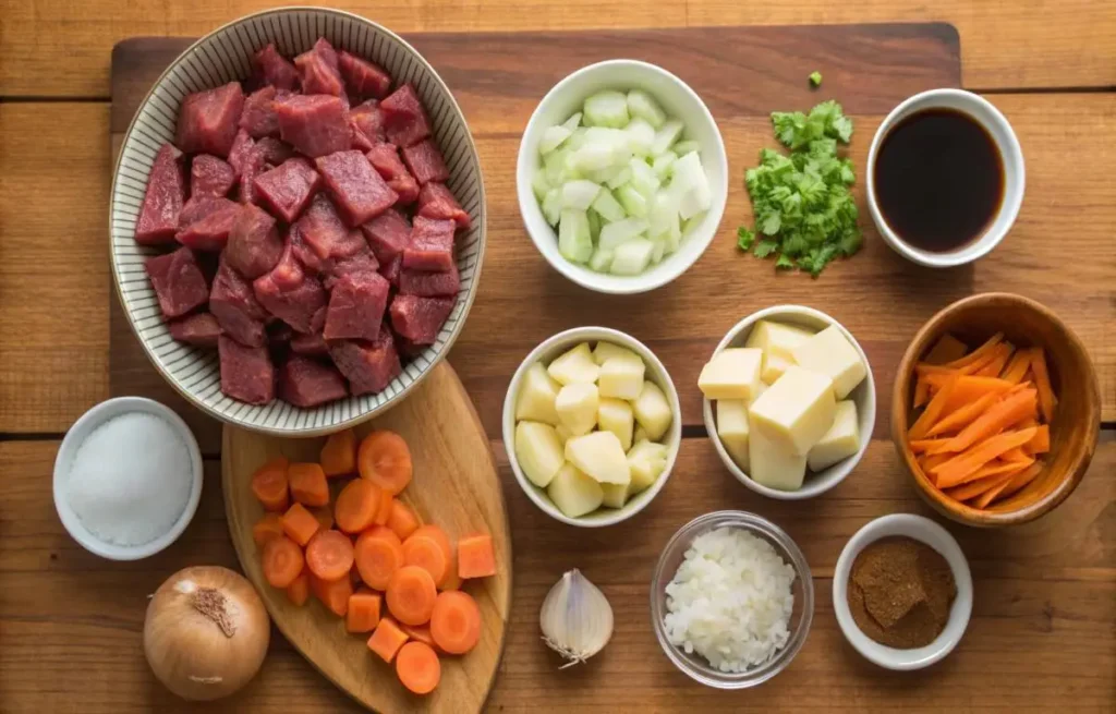 Ingredients for Hawaiian beef stew recipe laid out on a kitchen counter