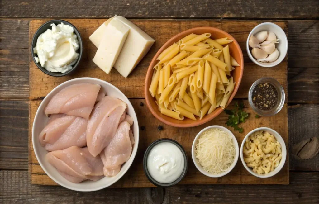 crockpot chicken pasta ingredients laid out on a wooden table