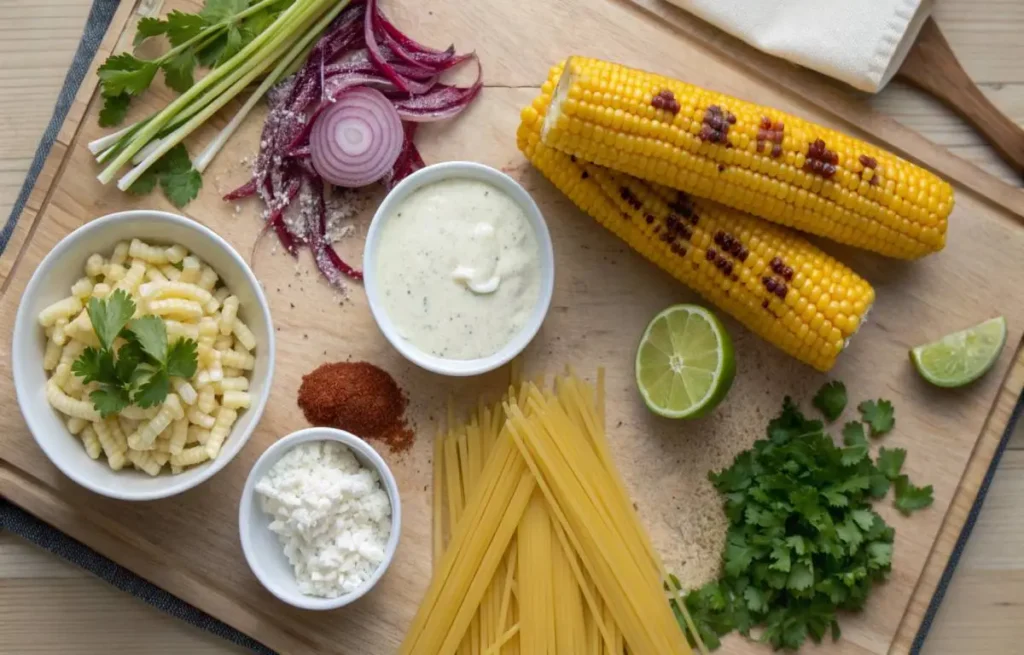 Fresh ingredients for elote pasta salad on a kitchen counter