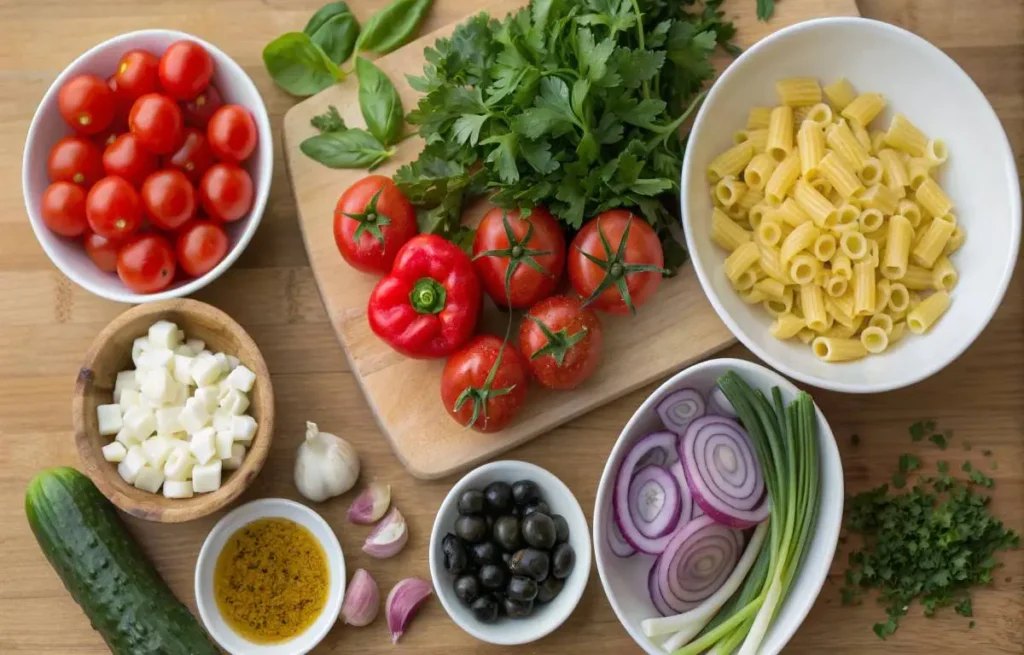 Ingredients for ditalini pasta salad neatly arranged on a countertop