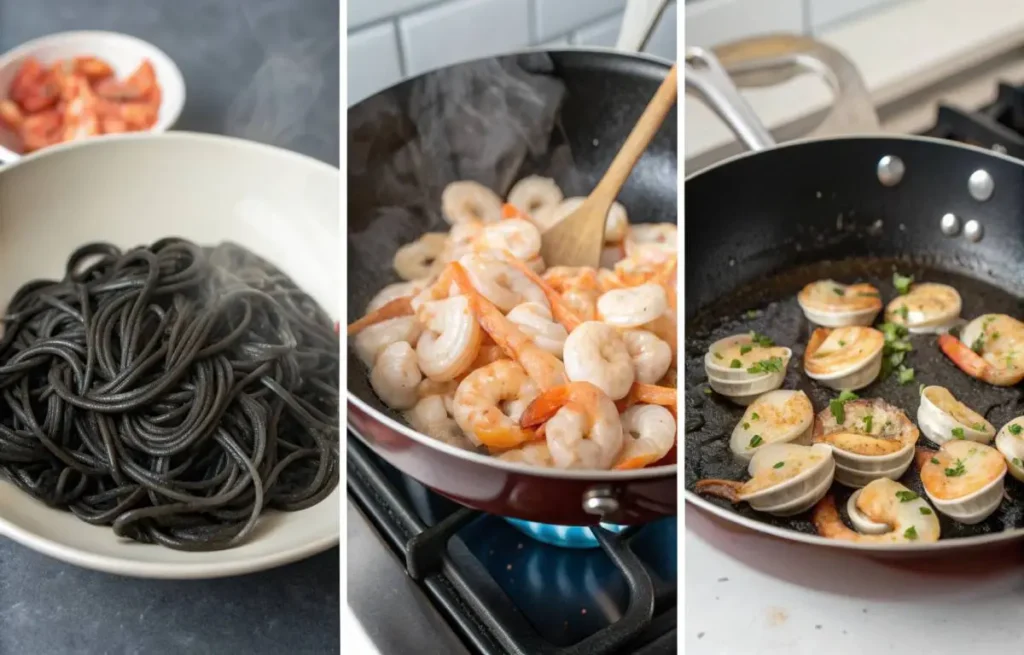 Step by step cooking process of squid ink seafood pasta