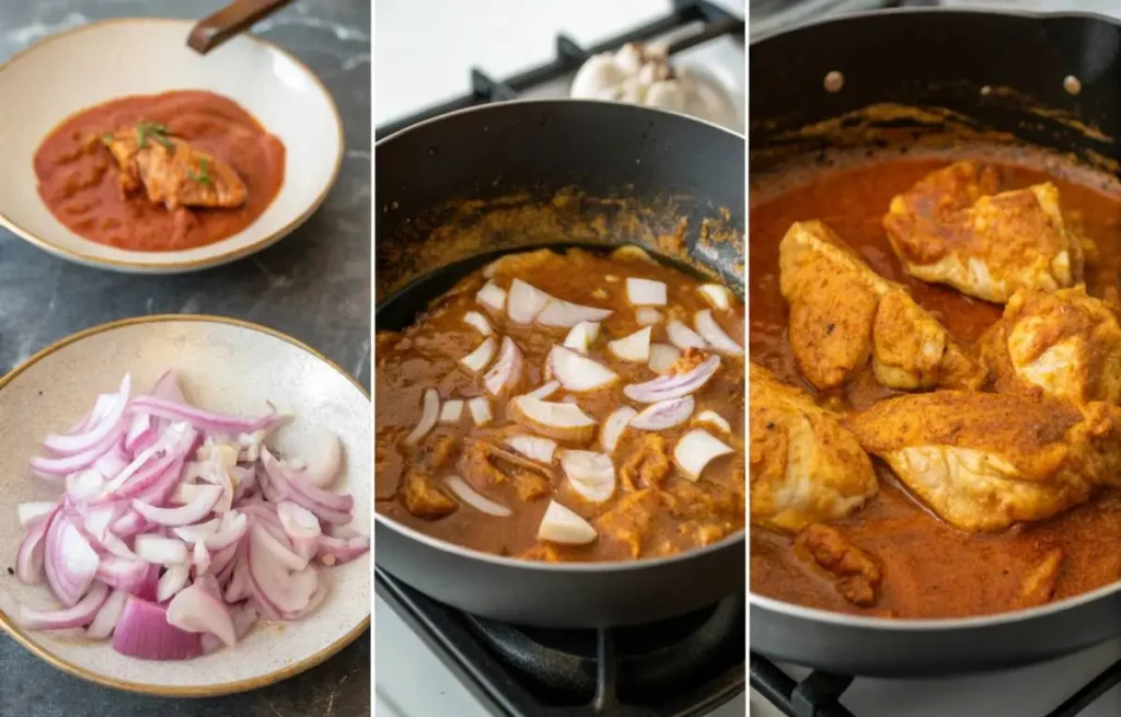 Step-by-step preparation of chicken masaledar recipe showing marinating, sautéing onions, and cooking chicken