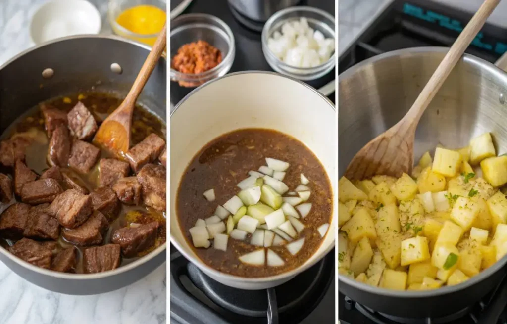 Step-by-step cooking process of Hawaiian beef stew recipe showing beef browning and adding vegetables