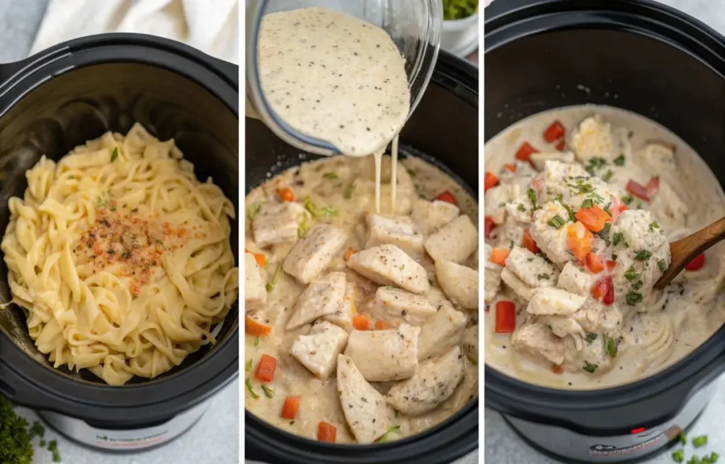 step by step crockpot chicken pasta preparation