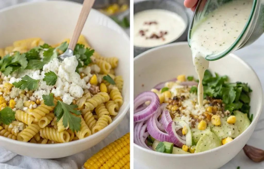 Step-by-step making of elote pasta salad