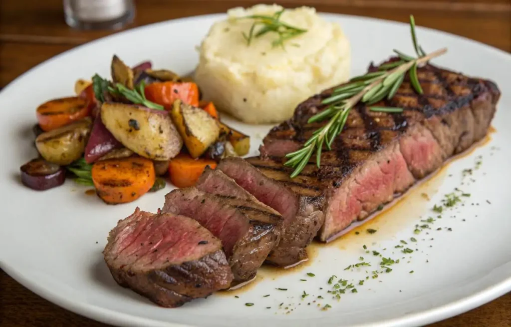Juicy Beef Strip Steak on a plate with garnish