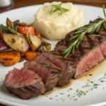 Juicy Beef Strip Steak on a plate with garnish