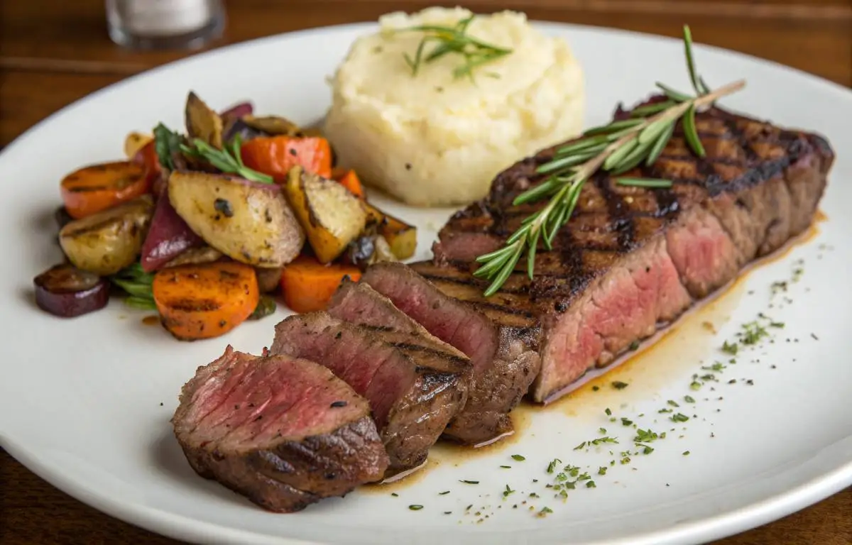 Juicy Beef Strip Steak on a plate with garnish