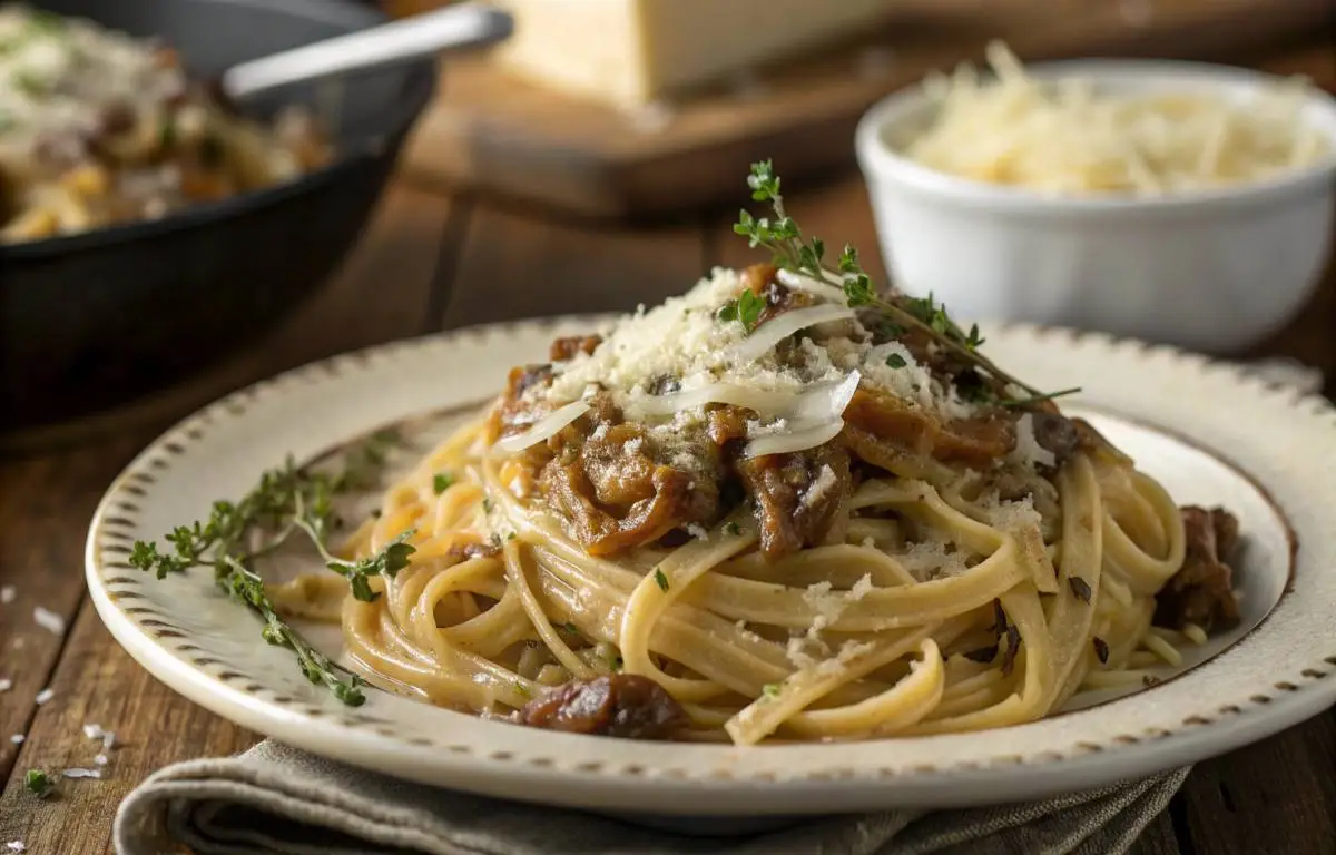 Savory French Onion Pasta on a plate with melted cheese and caramelized onions