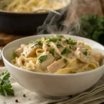 Slow cooker chicken pasta served hot with garnish