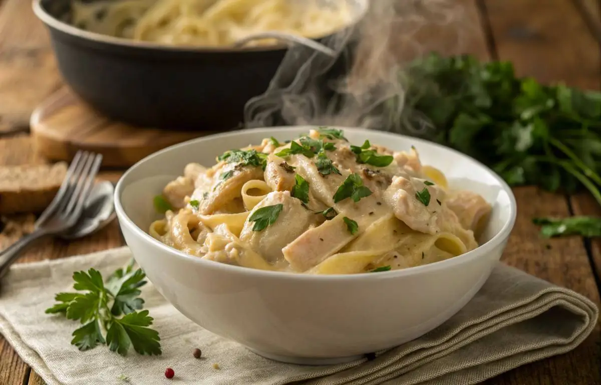 Slow cooker chicken pasta served hot with garnish