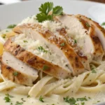 Chicken Alfredo With Jar Sauce served on a white plate with parsley garnish