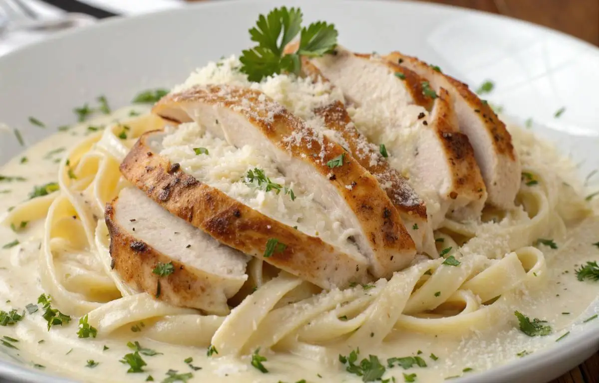 Chicken Alfredo With Jar Sauce served on a white plate with parsley garnish