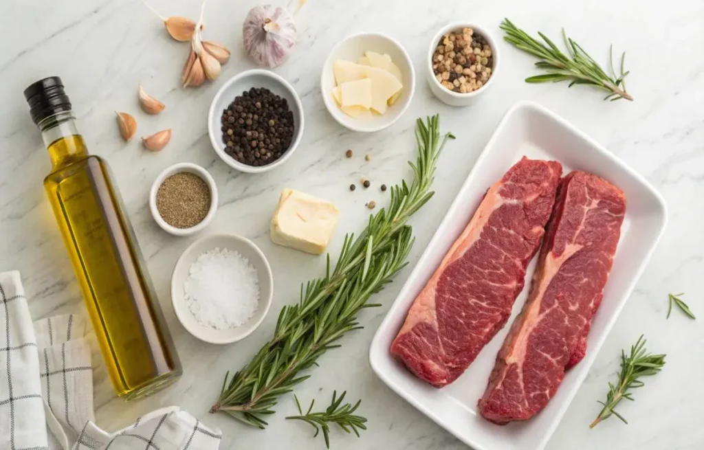 Ingredients for Beef Strip Steak recipe arranged on a counter