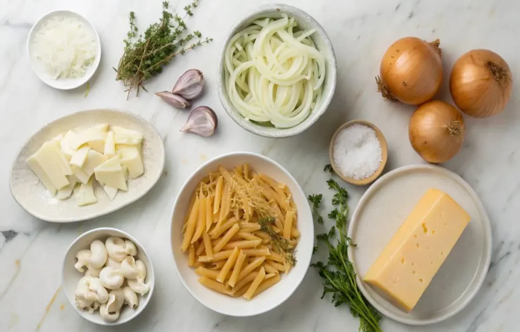 Ingredients laid out for French Onion Pasta including onions, pasta, cheese, and cream