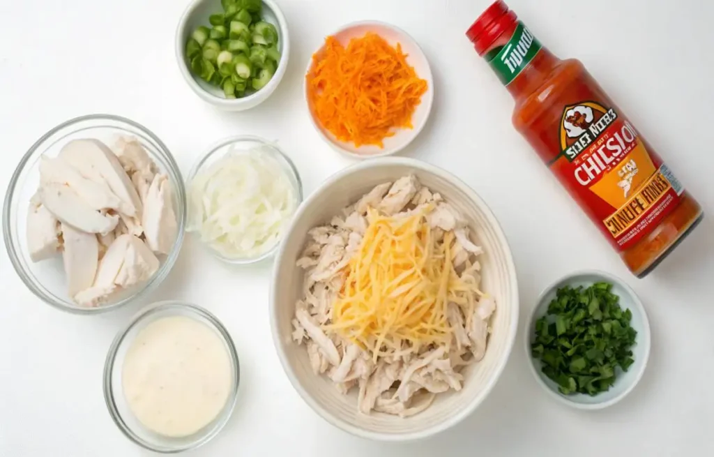 Ingredients for Frank's Buffalo Chicken Dip arranged on a kitchen counter