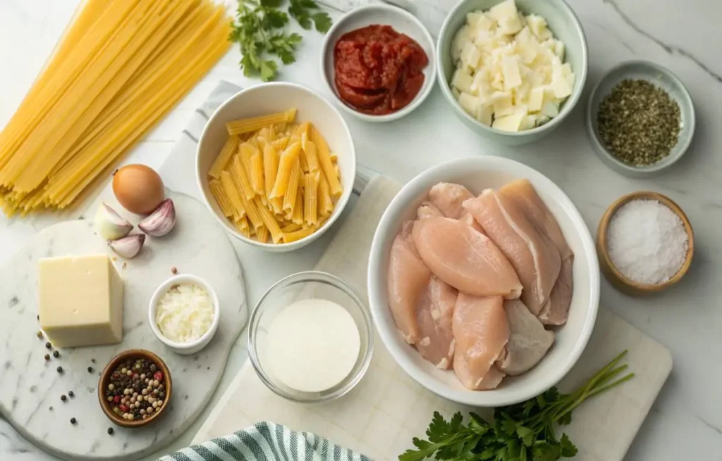 Ingredients for slow cooker chicken pasta arranged neatly