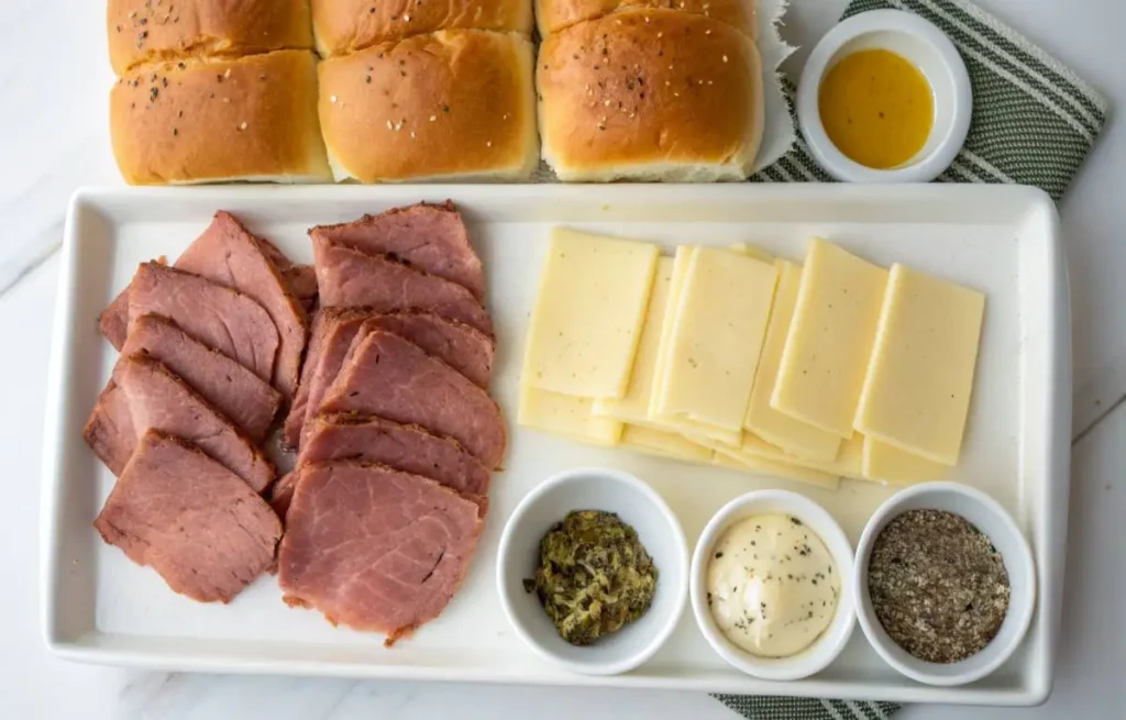 Roast Beef Sliders ingredients arranged on a table