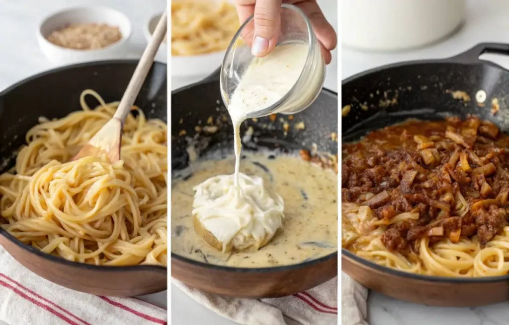 Step-by-step cooking of French Onion Pasta showing onions, sauce, and pasta combined