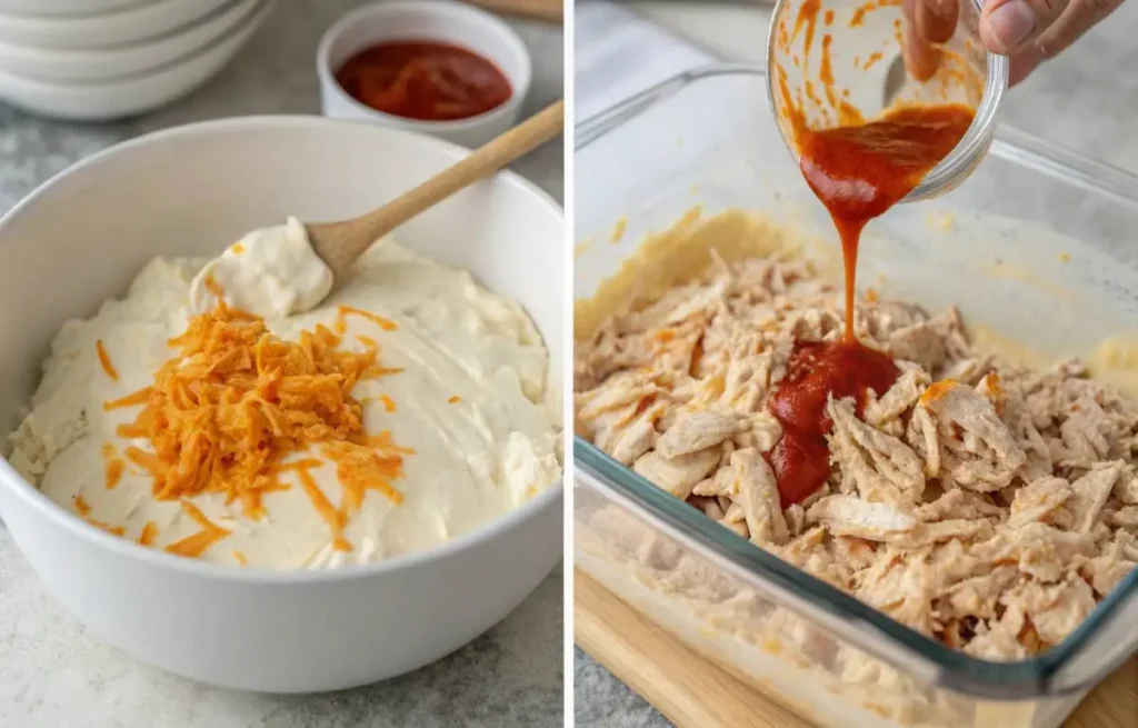 Step-by-step preparation of Frank's Buffalo Chicken Dip in a baking dish