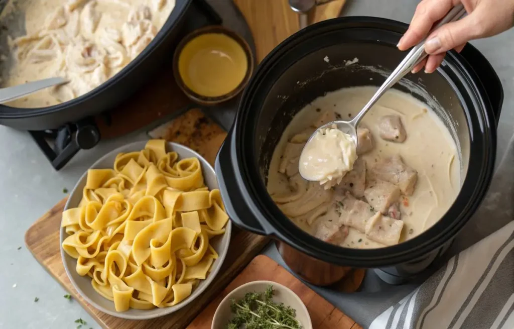 Step by step slow cooker chicken pasta preparation