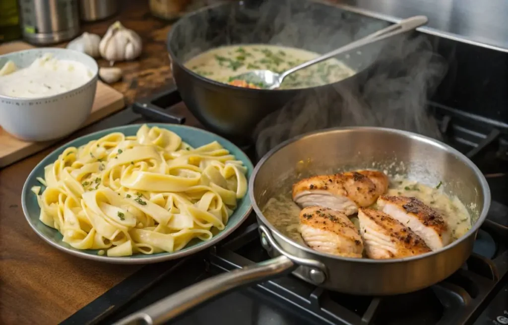 Cooking steps for Chicken Alfredo With Jar Sauce in a skillet and pot