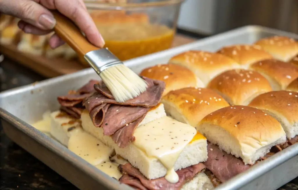 Step by step process of assembling Roast Beef Sliders