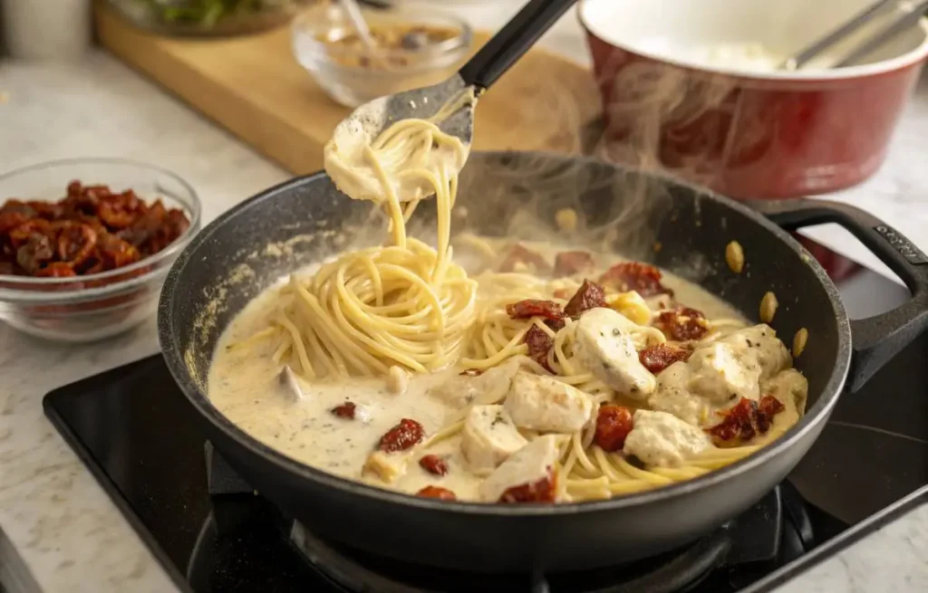 Marry Me Pasta cooking process in a skillet
